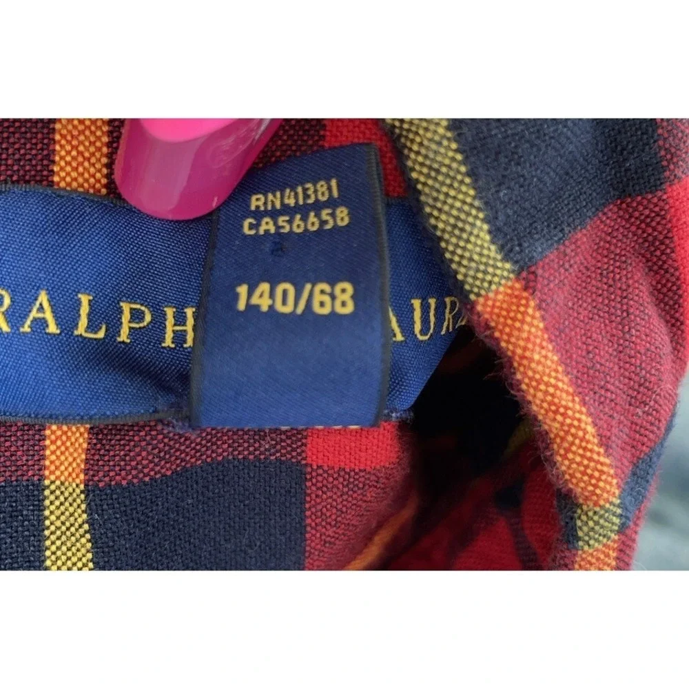 ralph lauren Red Yellow Navy Plaid Button Down Shirt Boys kids size small Preppy